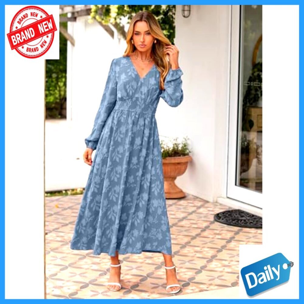 Long Sleeve Maxi Dress V Neck Empire Waist Floral Boho Wedding Guest - Picture 6 of 6